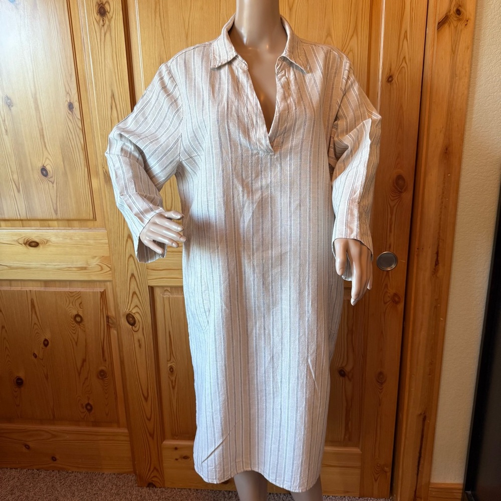 I Love Linen Midi Dress Striped Beige Black Size XL Comfy Pockets V Neck Office
